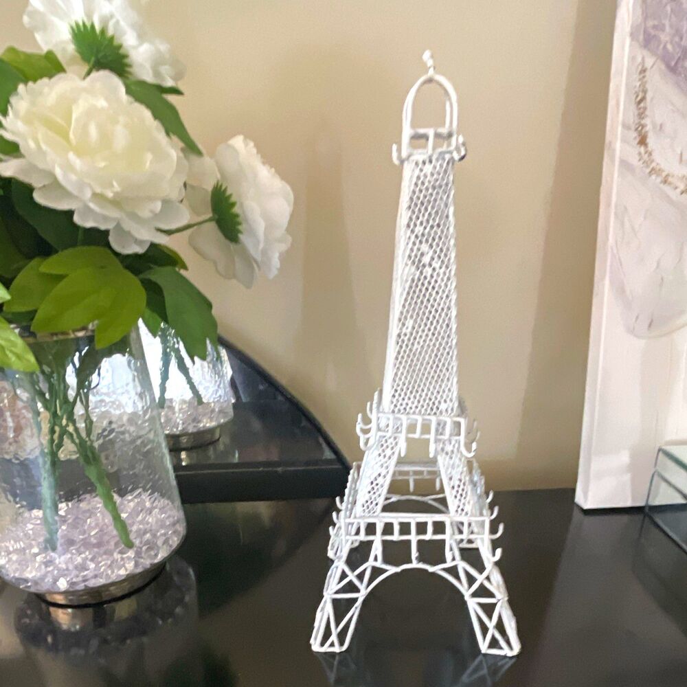 White Metal Eiffel Tower Jewelry Stand Organizer w/ Hooks Holds 25+ Pieces